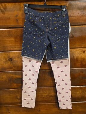 4 Pc Set, Girls' Navy Star Denim-Look Shorts, Pink Heart Leggings, Black Legging
